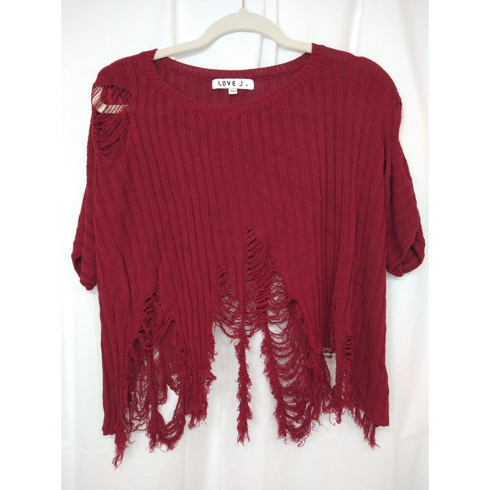 Love J Size M Distressed Cropped Short Sleeve Fringe Thrashed Red Wine Sweater